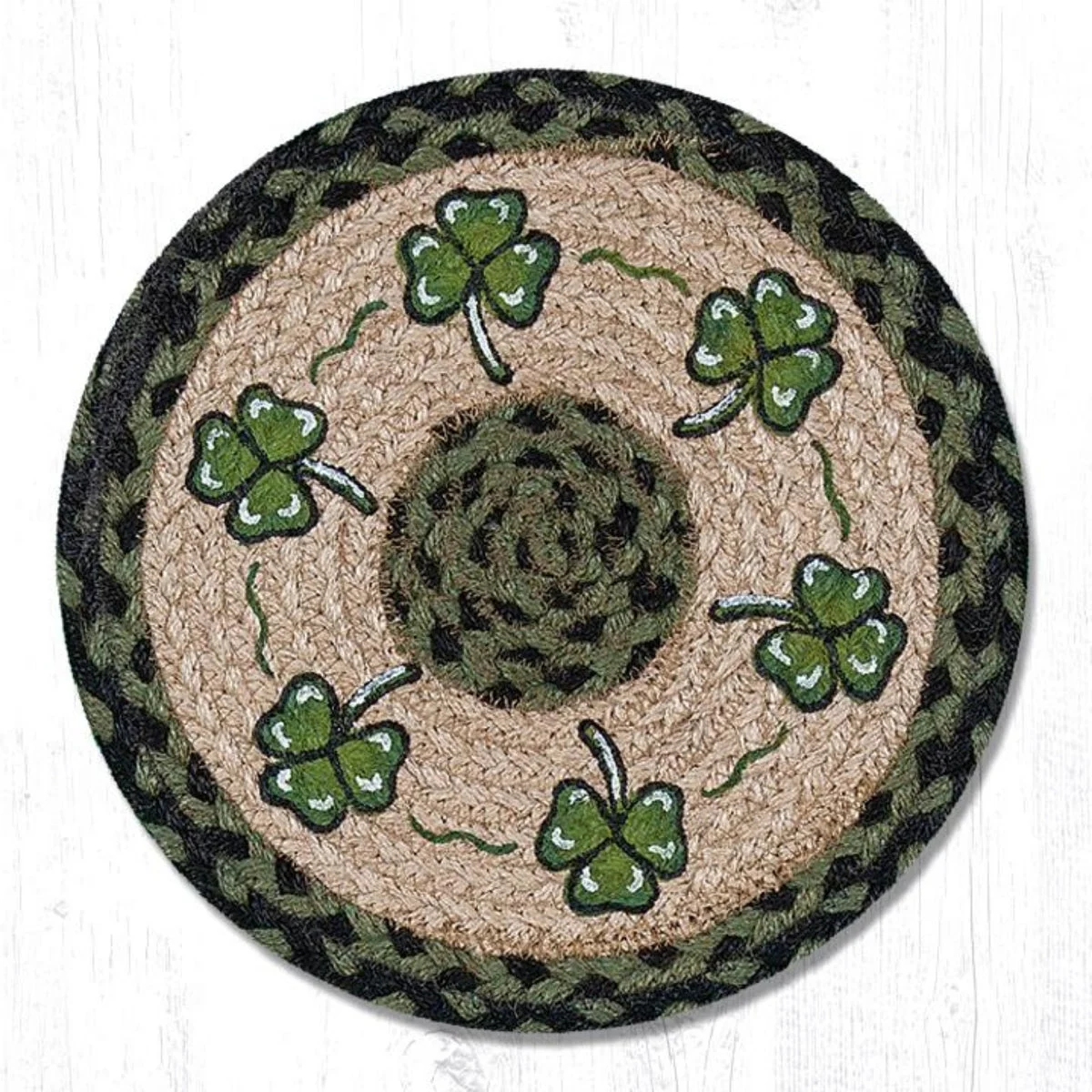 Earth Rugs Shamrock Printed Round Trivet – 10"x10" Braided Jute Table Mat with Classic Lucky Clover Design