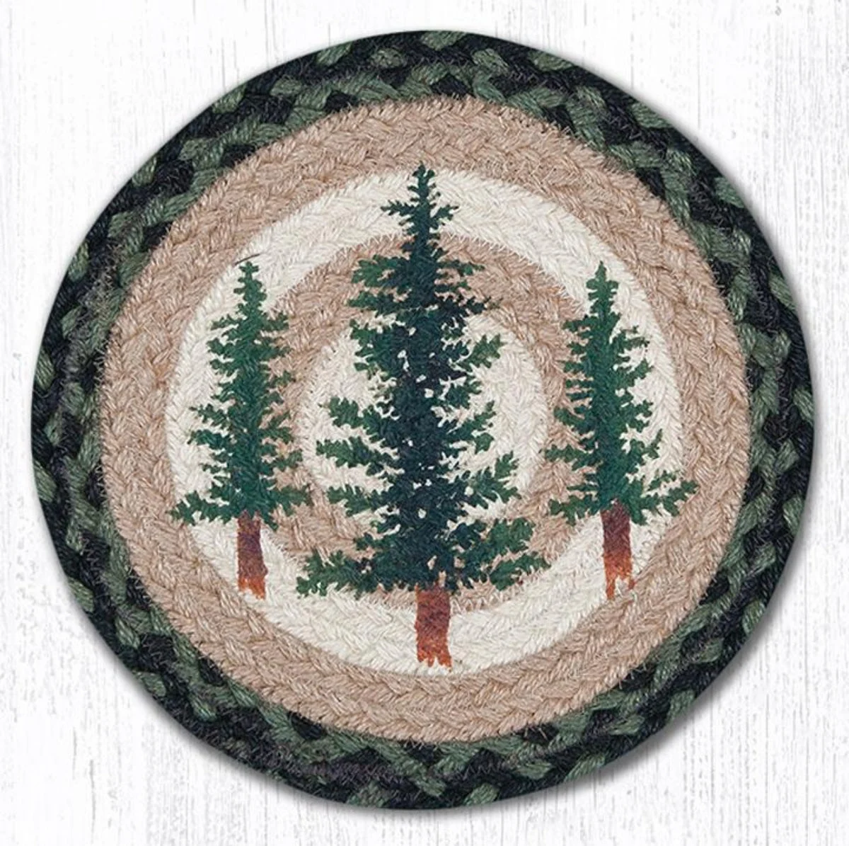 Earth Rugs Tall Timbers Printed Round Trivet – 10"x10" Braided Jute Forest Pine Tree Design for Rustic Cabin and Lodge Decor