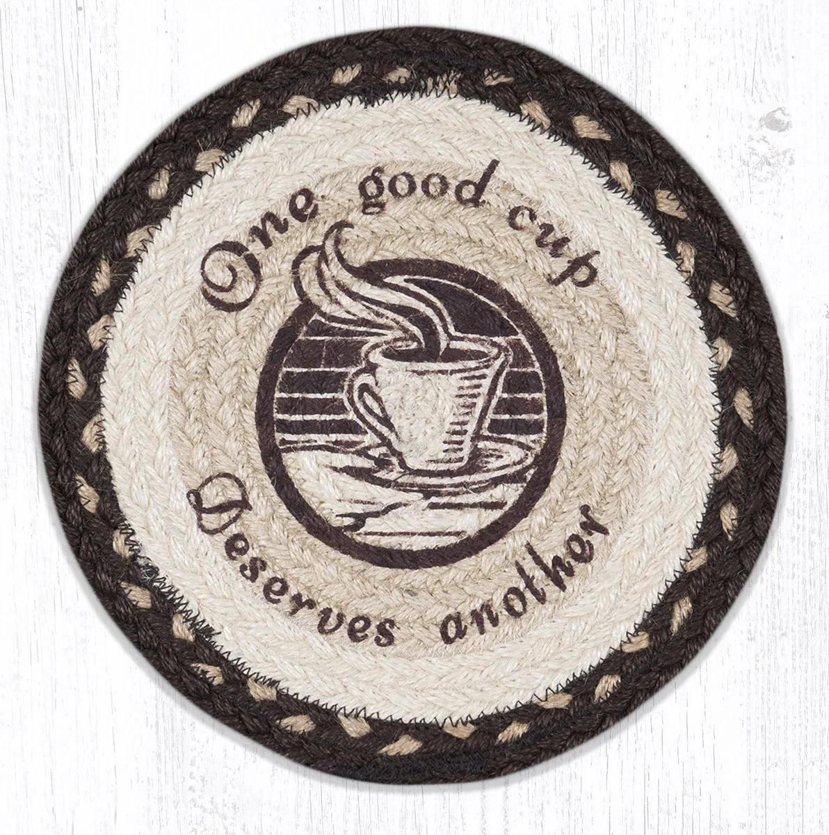 Earth Rugs One Good Cup Printed Round Trivet – 10"x10" Braided Jute Coffee-Themed Hot Pad with Rustic Typography Design