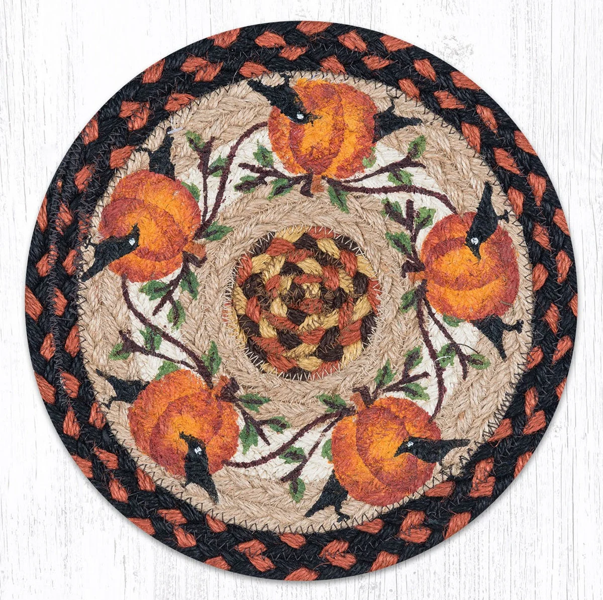 Earth Rugs Pumpkin Crow Printed Round Trivet – 10"x10" Braided Jute Autumn Hot Pad with Primitive Folk Art Harvest Design