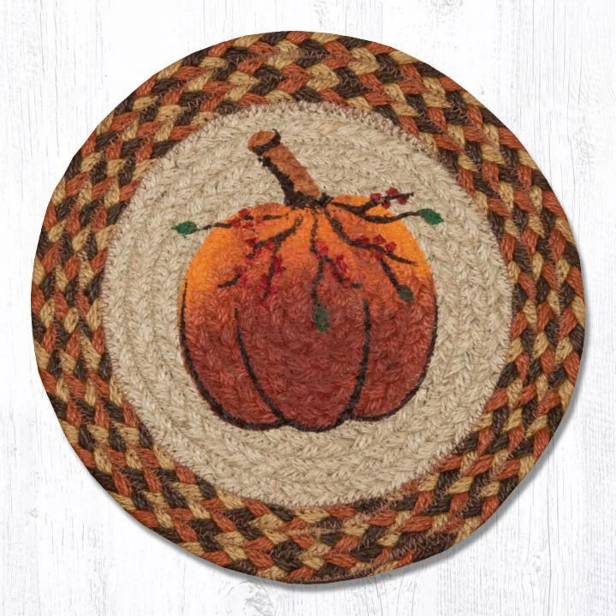 Earth Rugs Harvest Pumpkin Printed Round Trivet – 10"x10" Braided Jute Fall Décor Hot Pad with Rustic Autumn Gourd Design