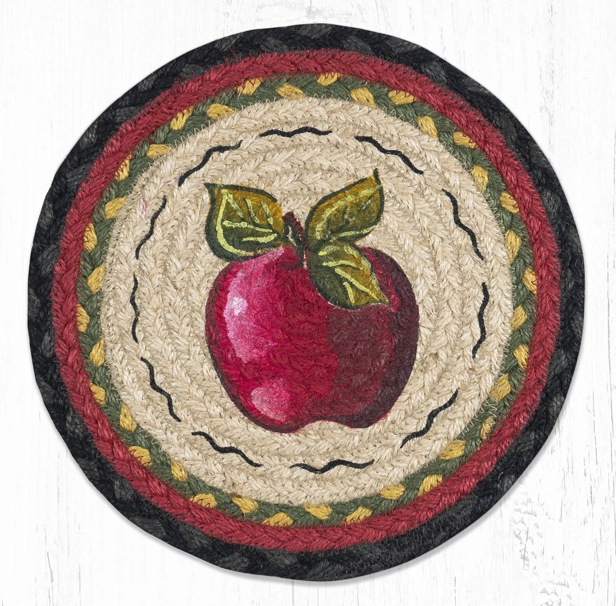 Earth Rugs Apple Printed Round Trivet – 10"x10" Rustic Kitchen Accent with Braided Jute and Country Harvest Design