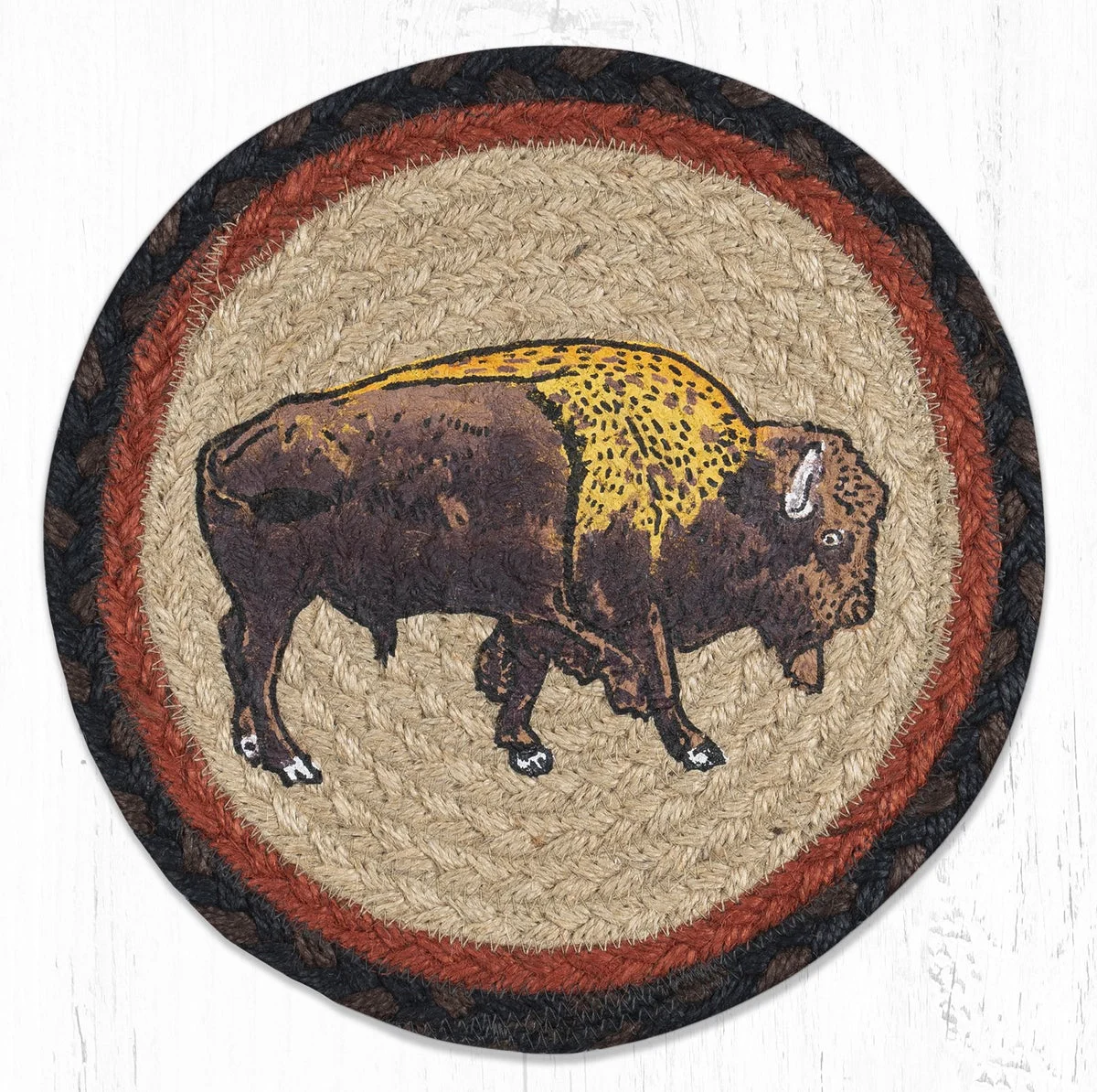 Earth Rugs Buffalo Printed Round Trivet – 10"x10" Braided Jute Hot Pad with Rustic Wildlife Design