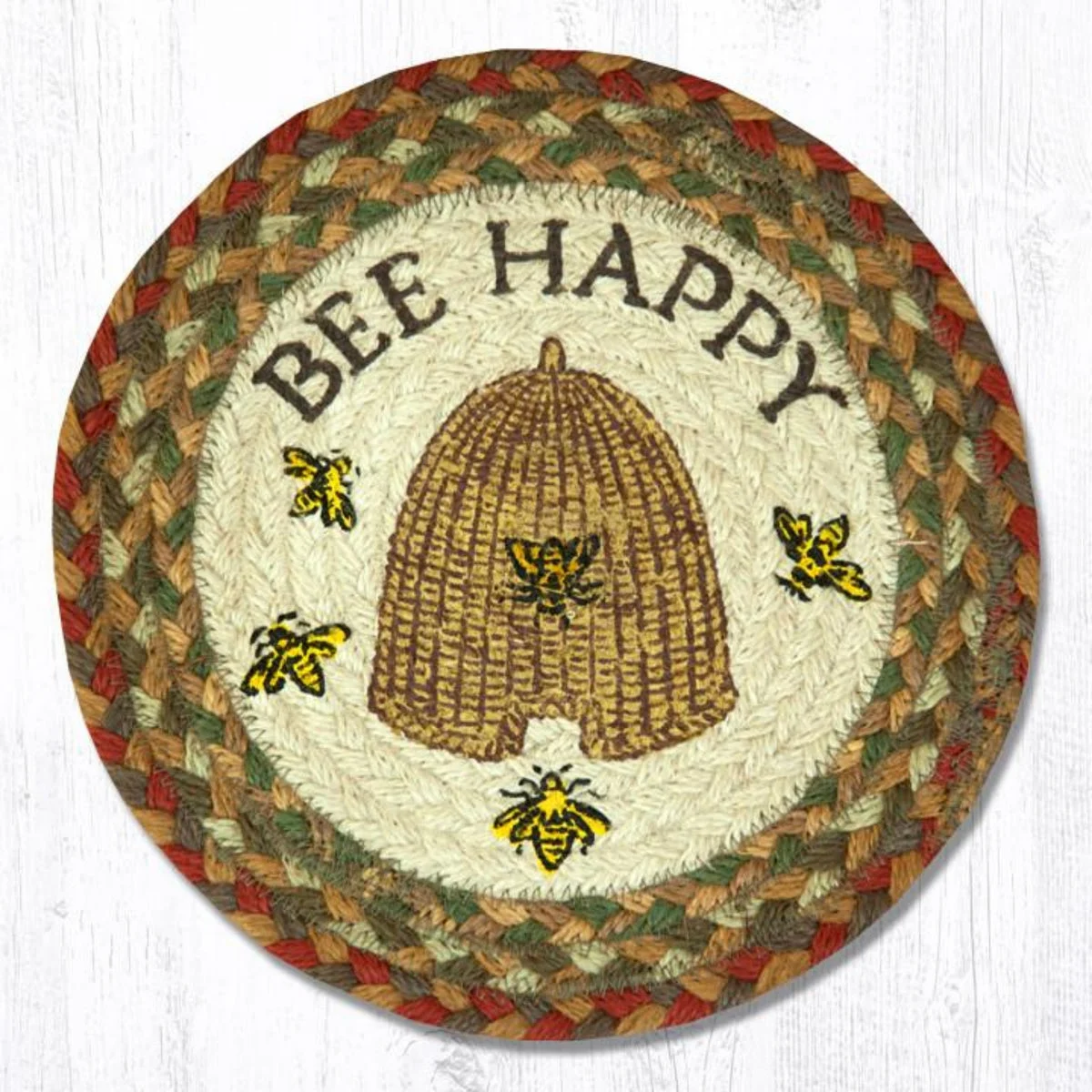 Earth Rugs Round Jute Trivet 10"x10" – Bee Happy Print with Braided Natural Texture