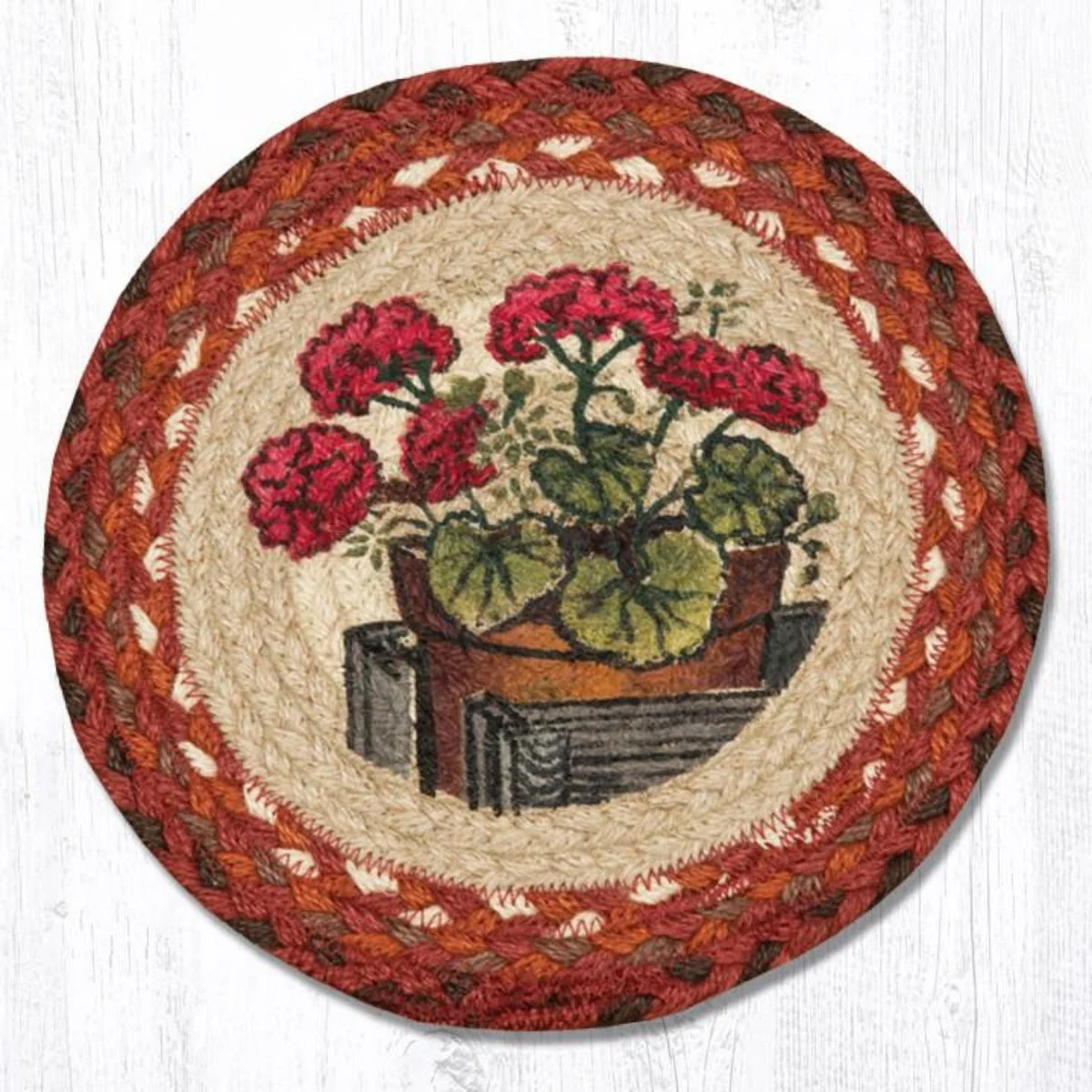 Earth Rugs Round Jute Trivet 10"x10" – Garden Geranium Print with Braided Natural Design