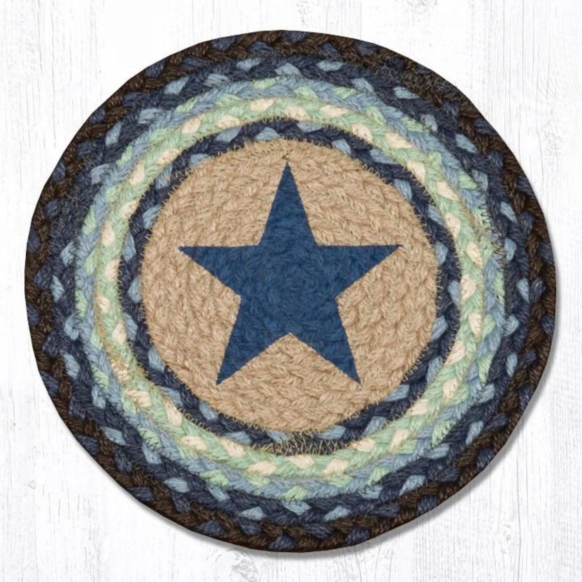 Earth Rugs Round Jute Trivet 10"x10" – Blue Star Print with Braided Natural Fiber Design