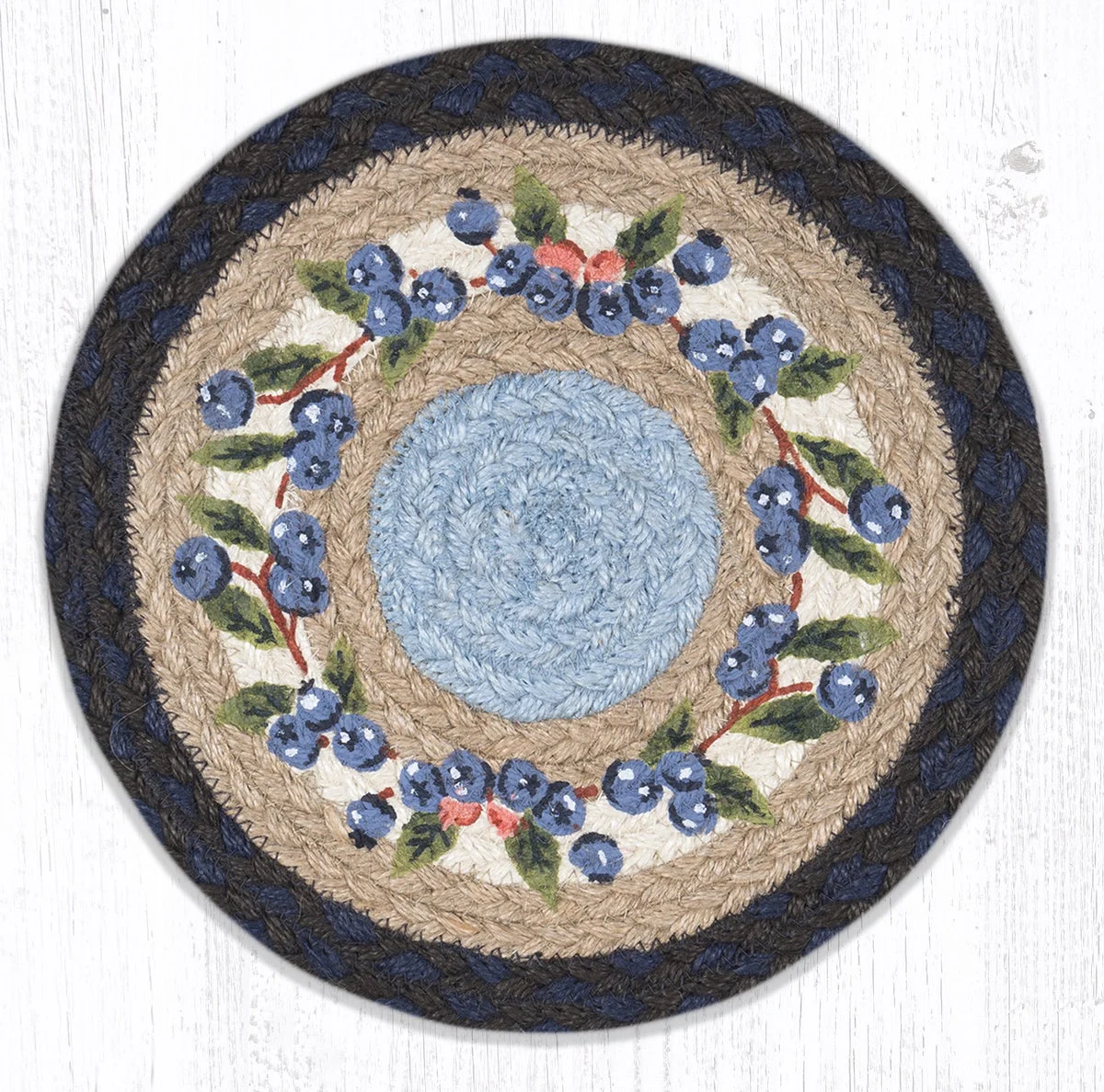 Earth Rugs Round Jute Trivet 10"x10" – Blueberry Vine Print with Braided Natural Design
