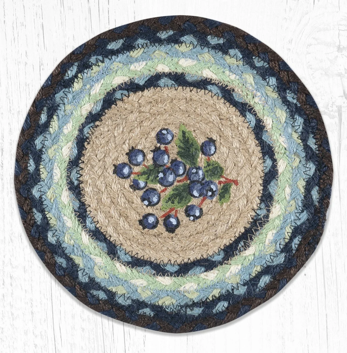 Earth Rugs Round Jute Trivet 10"x10" – Blueberry Print with Braided Natural Fiber Design