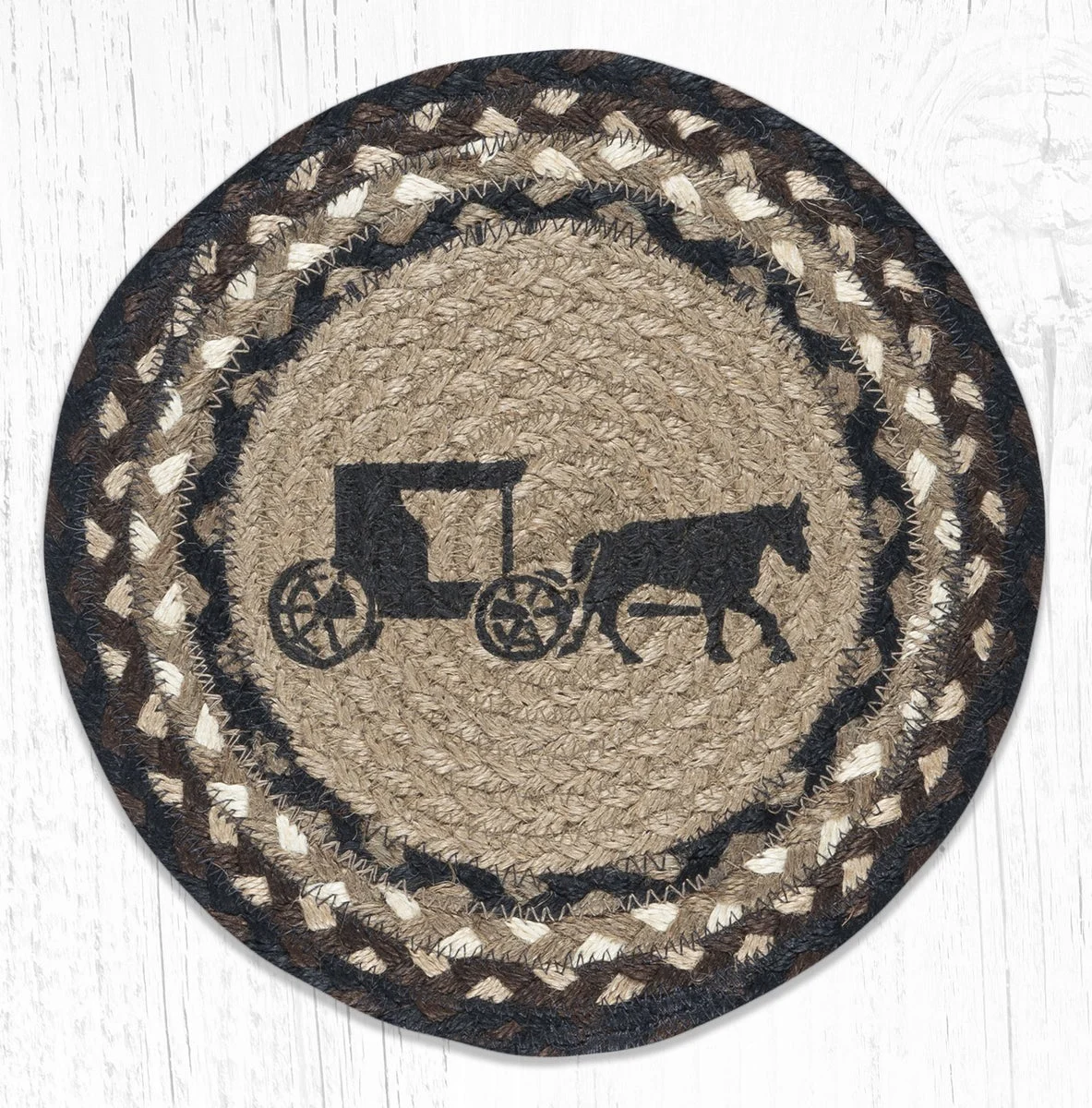 Earth Rugs Round Jute Trivet 10"x10" – Amish Buggy Print with Braided Natural Jute