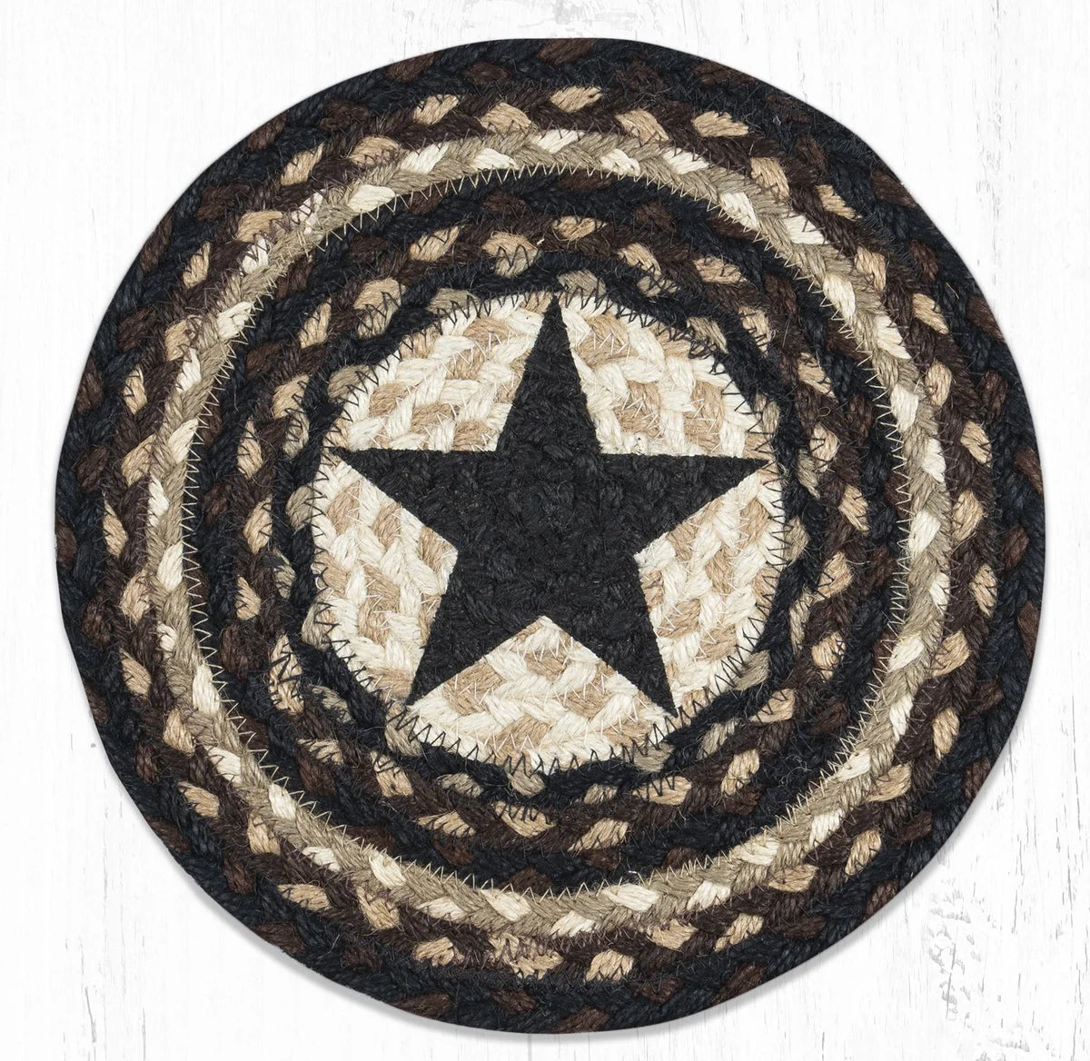 Earth Rugs Round Jute Trivet 10"x10" – Black Star Print with Braided Natural Fiber