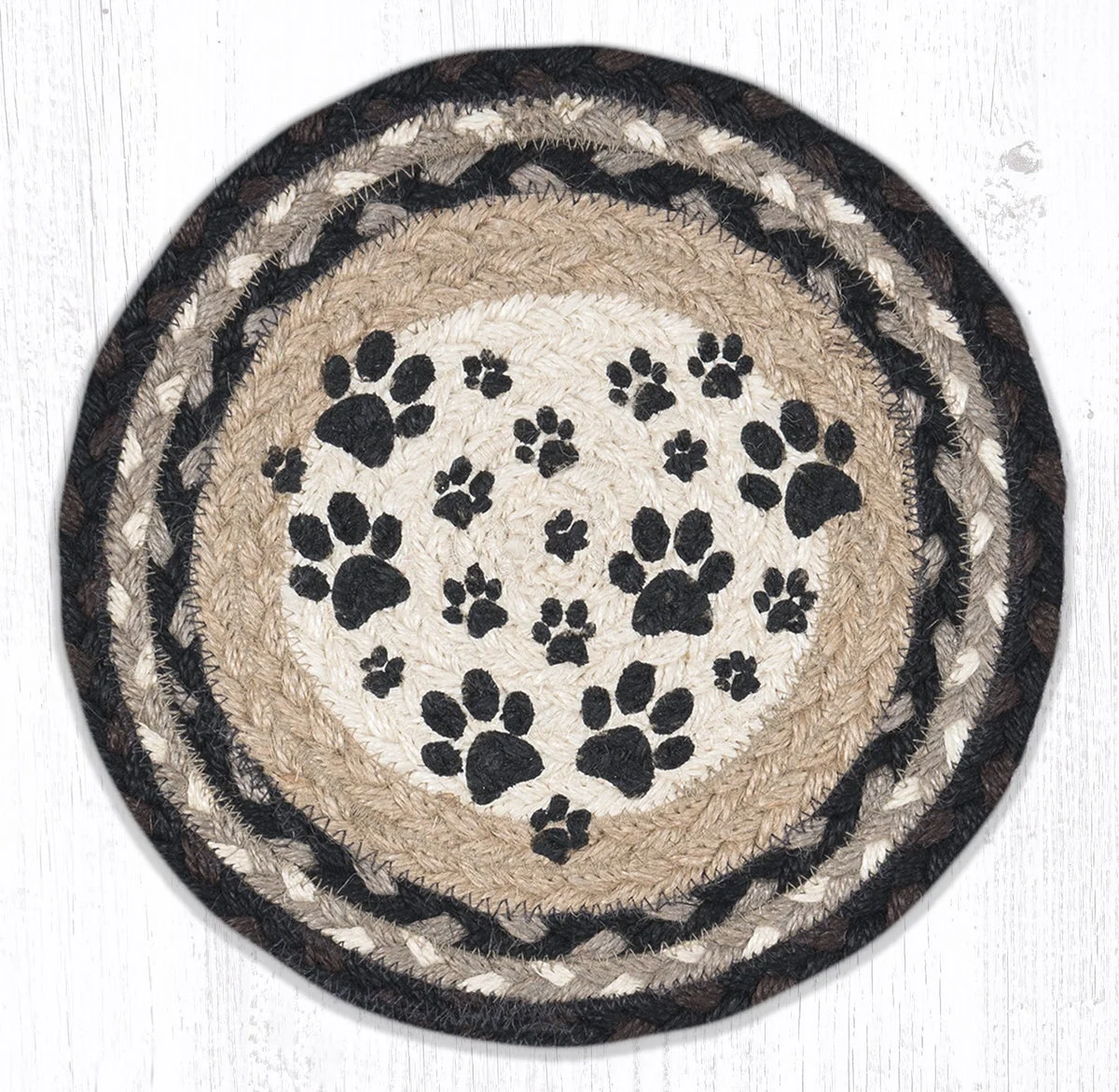 Earth Rugs Round Jute Trivet 10"x10" – Heart Paw Print with Natural Braided Fiber