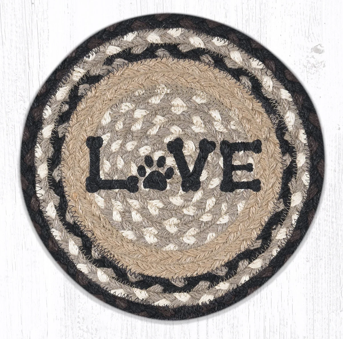 Earth Rugs Round Jute Trivet 10"x10" – LOVE Pet Print with Braided Natural Fiber