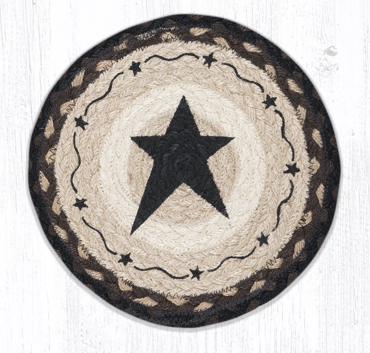 Earth Rugs Round Jute Trivet 10"x10" – Primitive Black Star Design on Natural Braided Fiber