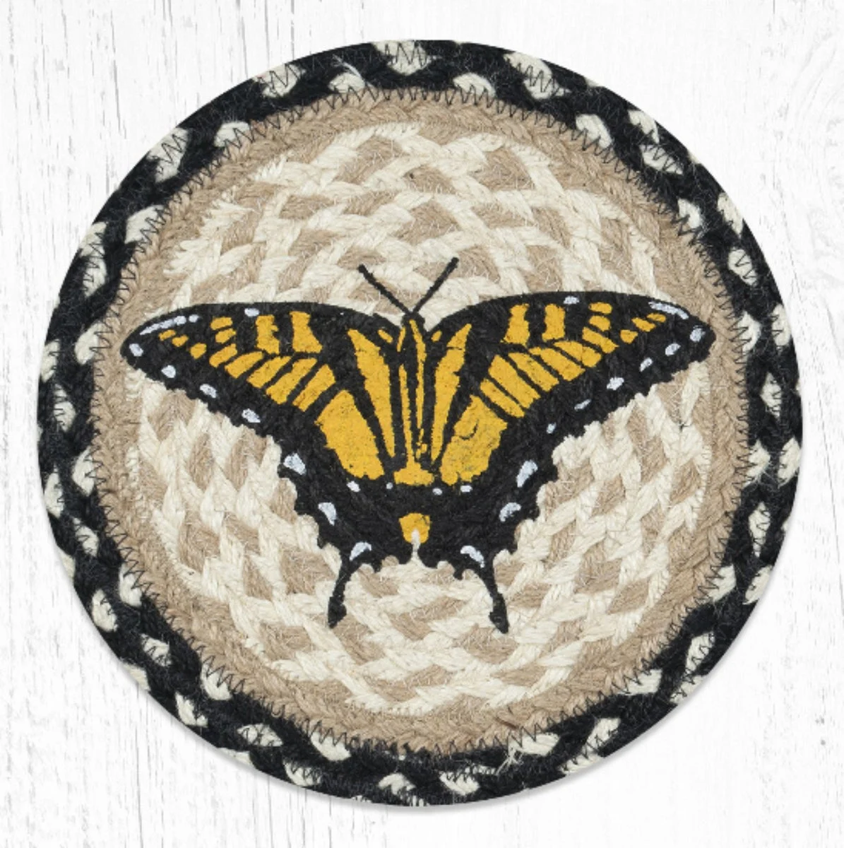Earth Rugs Swallowtail Butterfly Jute Trivet – 10" Round Hand-Braided Rustic Kitchen Heat Pad