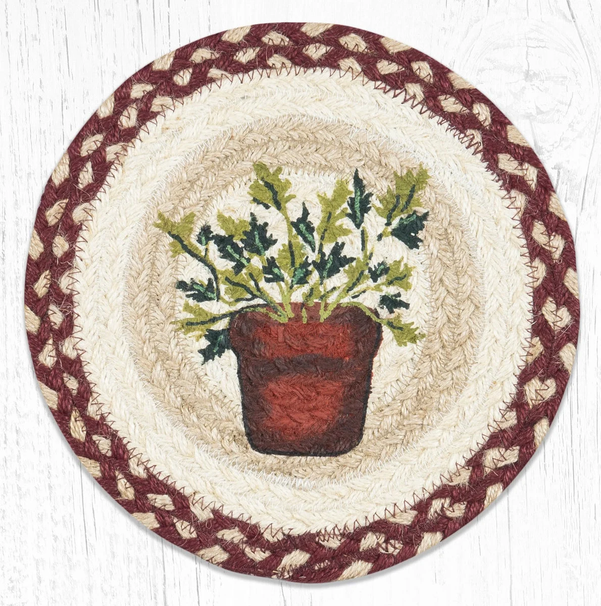 Earth Rugs Round Trivet – Parsley Herb Printed Braided Jute, 10"x10", Rustic Botanical Kitchen Accent