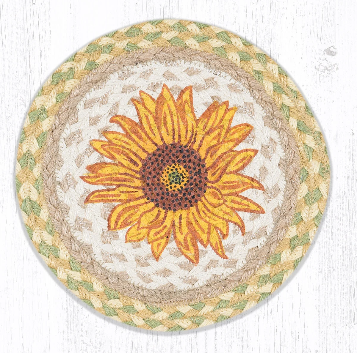 Earth Rugs Round Trivet – Sunflower Printed Braided Jute, 10"x10", Rustic Floral Farmhouse Accent