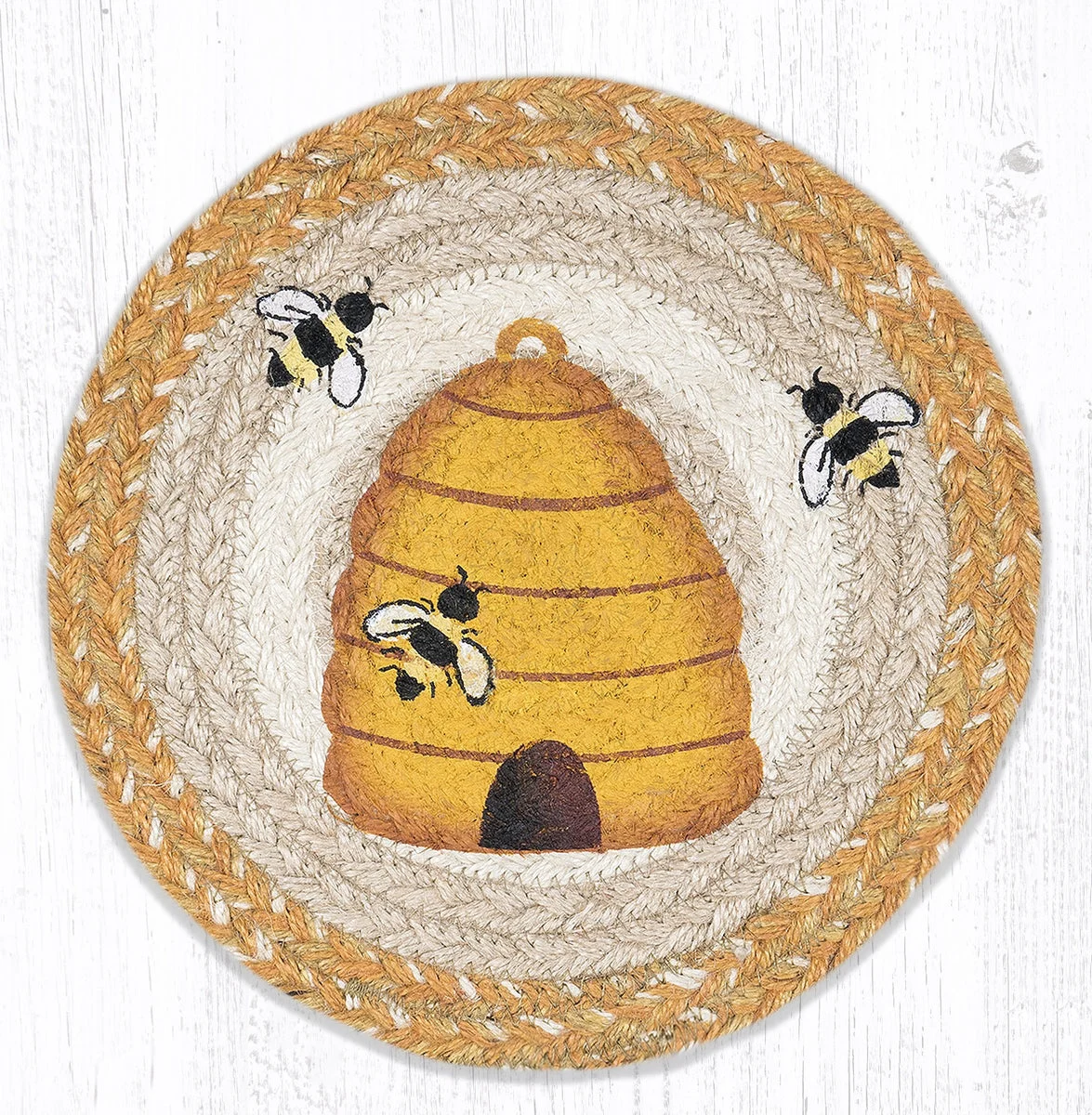 Earth Rugs Beehive Round Trivet – 10"x10" Braided Natural Fiber Hot Pad with Honeybee and Hive Print for Farmhouse Kitchens