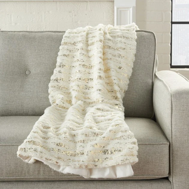Mina Victory Fur Foil Stripes Faux Fur Ivory Gold 50" x 60" Throw Blanket