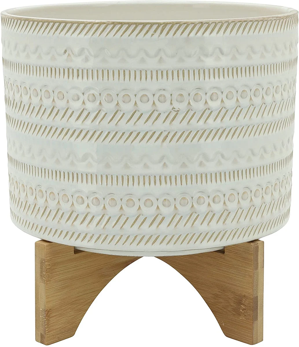 Sagebrook Home 15350-03 11" Tribal Planter with Wood Stand, Beige