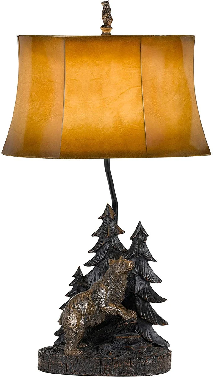 Benzara 3 Way Resin Body Table Lamp with Forest and Bear Design, Brown and Black