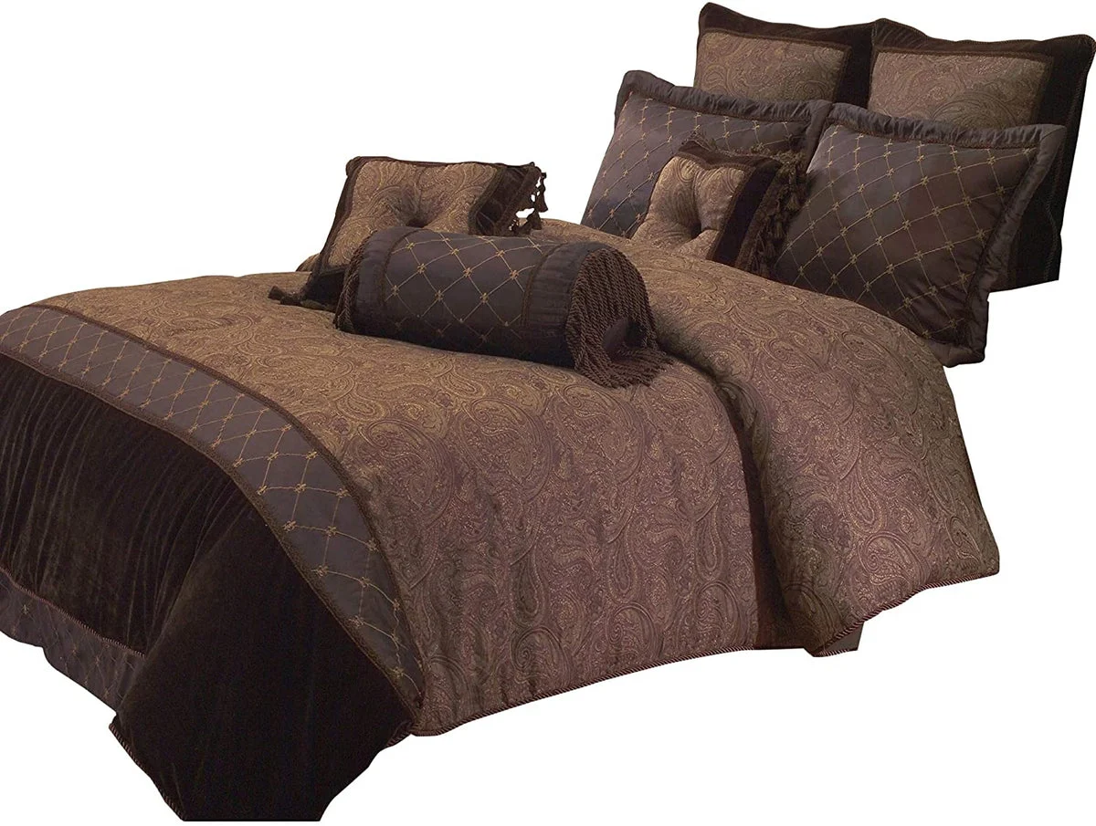 Benzara 9 Piece Queen Polyester Comforter Set with Paisley Pattern Design, Brown