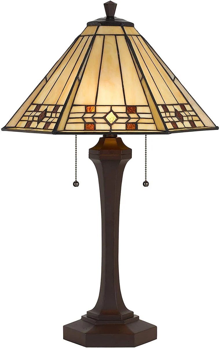 Benzara 120 Watt Resin Body Table Lamp with Tiffany Glass Shade, Brown