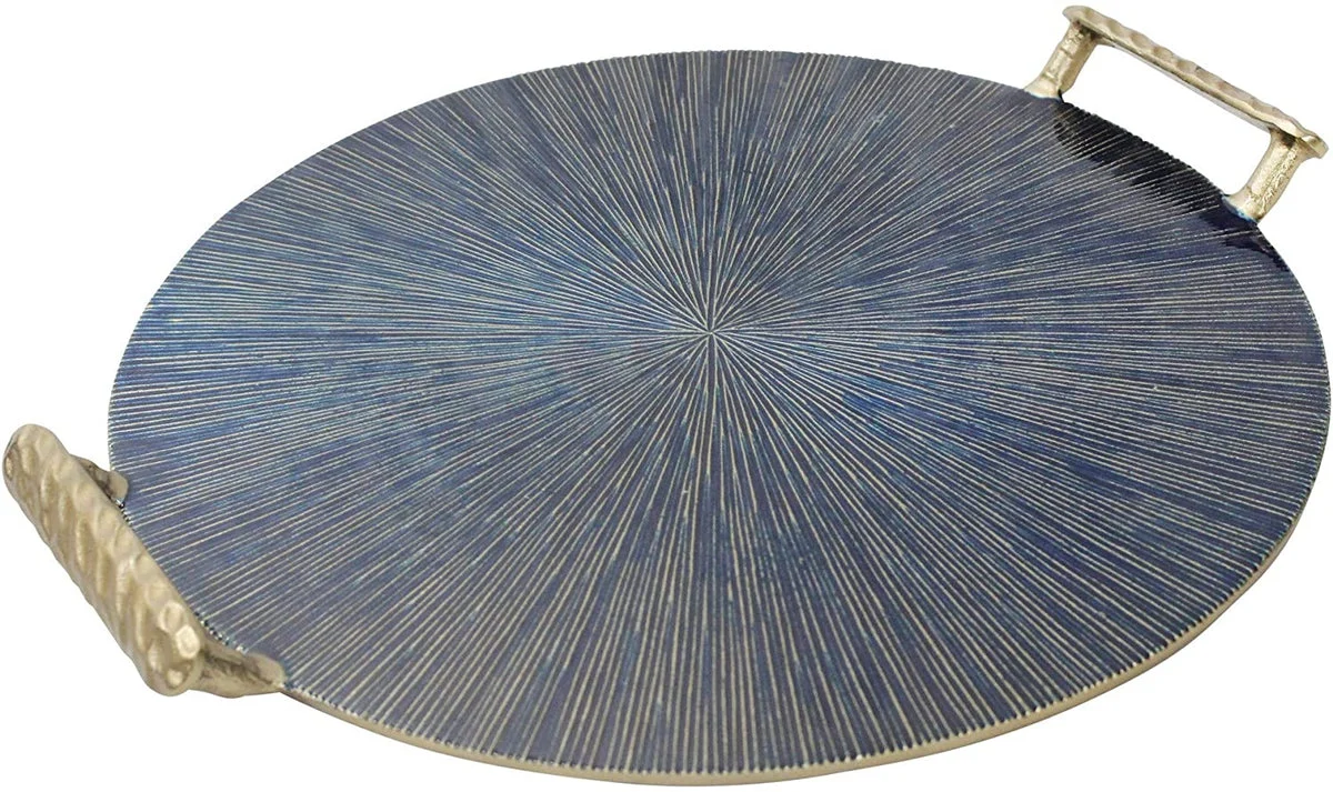 Benzara 18 Inches Round Metal Frame Tray with Sunburst Design, Blue and Gold