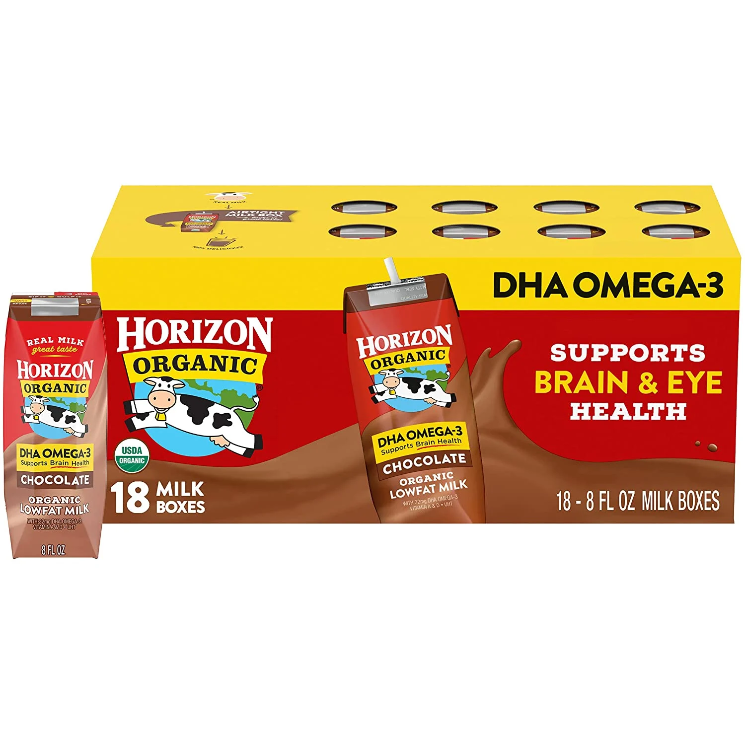 Horizon Organic Shelf-Stable 1% Lowfat Milk Boxes with DHA Omega-3, Chocolate, 8 oz., 18 Pack