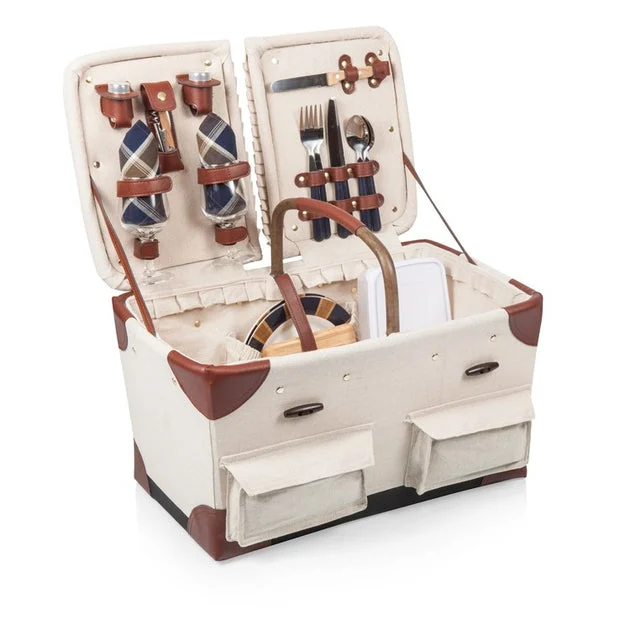 Pioneer Picnic Basket, Tan with Navy and Khaki Green Plaid