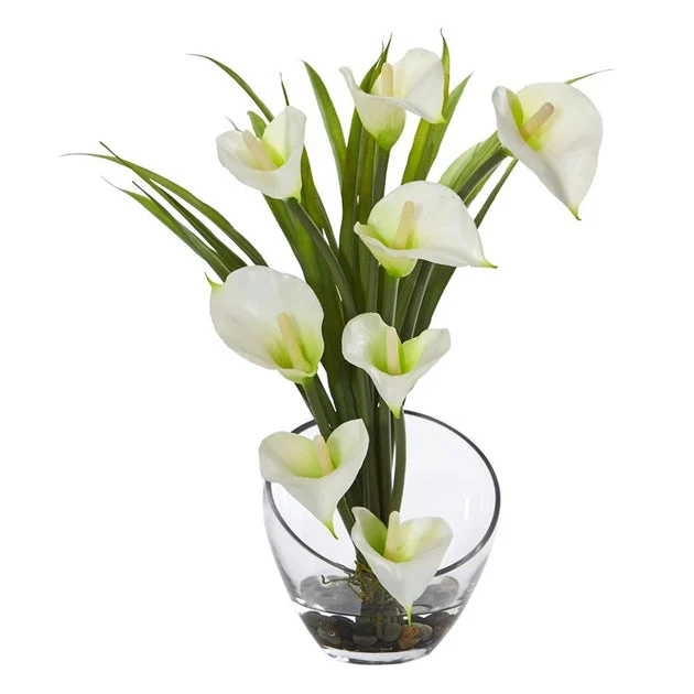 15.5" Faux Calla Lily and Grass Floral Arrangement in Vase