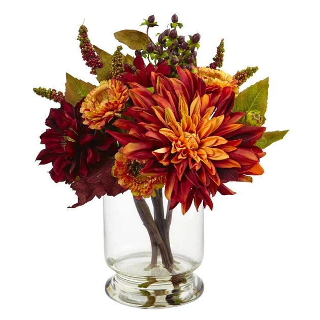 12" Faux Dahlia & Mum with Vase