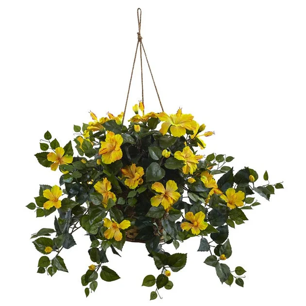 22" Faux Hibiscus Hanging Basket Yellow