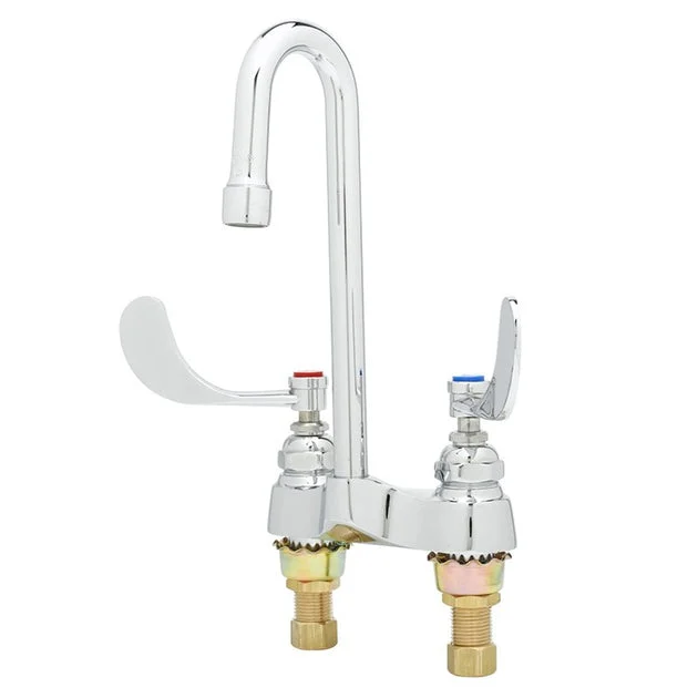 Lavatory Faucet Centerset 4 Inch Spread 2 Wrist Blade ADA Polished Chrome Deck Gooseneck 2 Hole