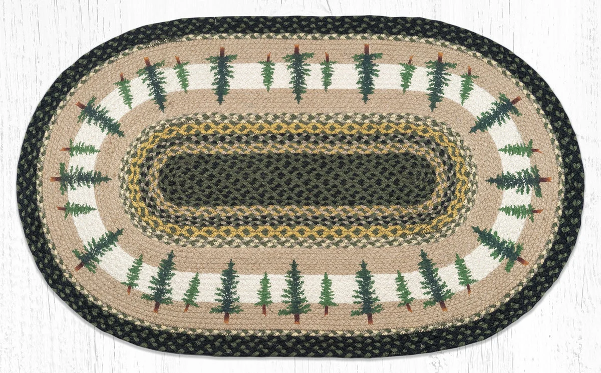 Earth Rugs Tall Timbers Oval Rug – 27"x45" Hand-Braided Jute Mat with Pine Tree Design for Rustic Cabin Decor