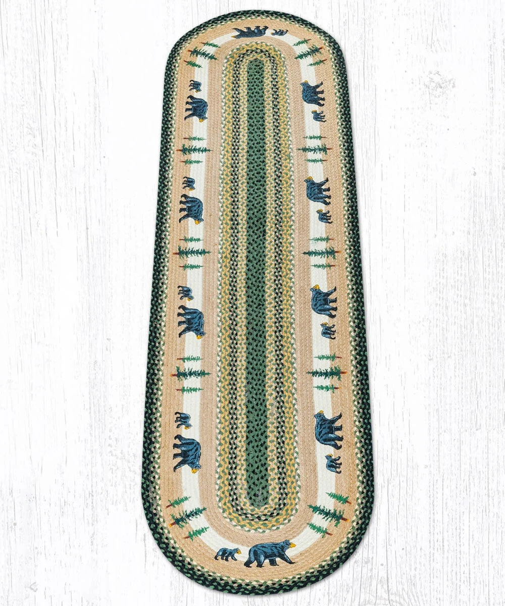 Earth Rugs Rustic Cabin Oval Patch Tread – 2'x8' Braided Jute Rug with Bear Design