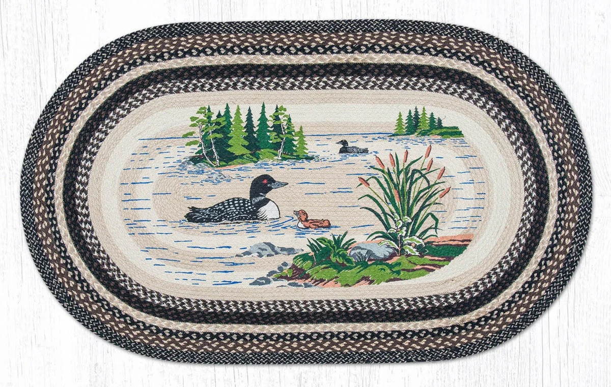 Earth Rugs Loons Oval Patch Rug 3'x5' – Hand-Braided Jute Rug with Lake-Inspired Loon Bird Design for Rustic Lodge or Cabin Decor