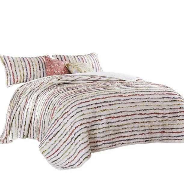 Benzara Five Piece Queen Size Cotton Quilt Set with Sewn Floral Ruffles, Multicolor