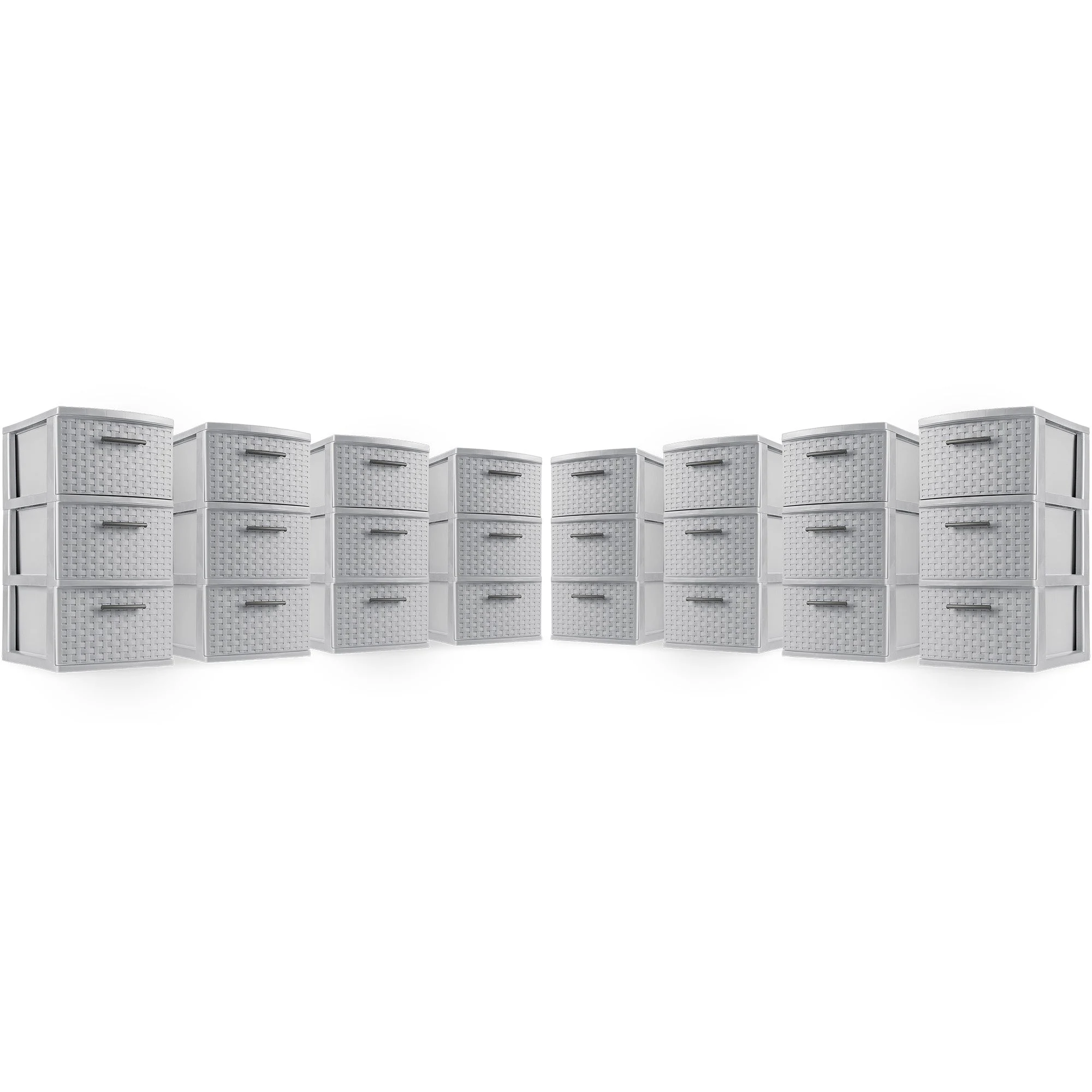 Sterilite 3 Drawer Storage Tower, Plastic Weave Medium Organizer, Cement, 8 Pack