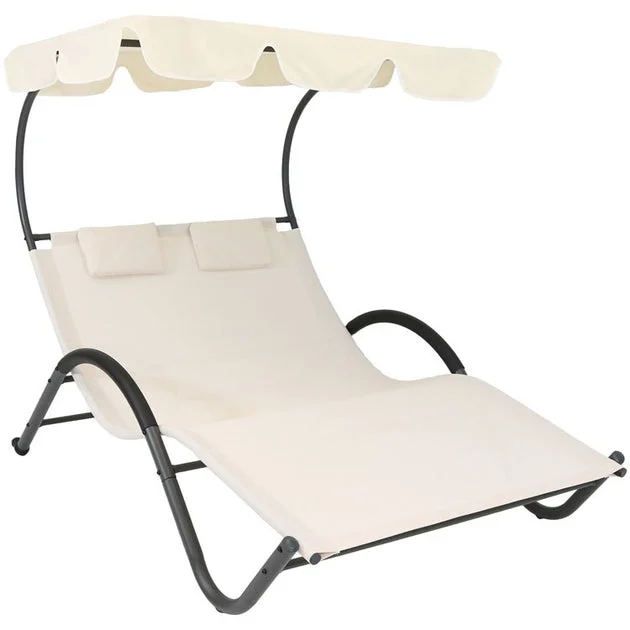 Double Chaise Lounge with Canopy and Headrest Pillows - Beige