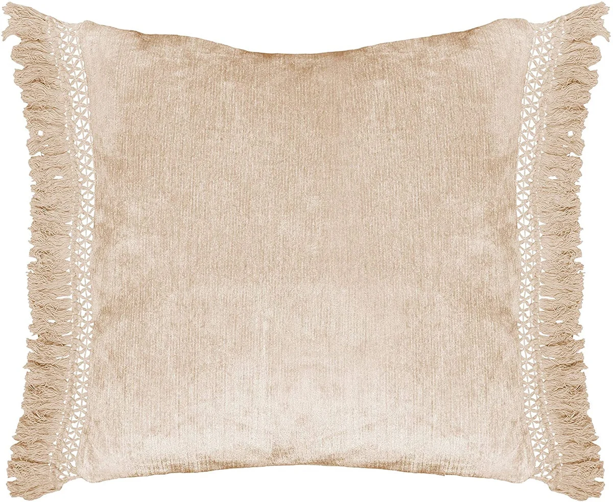 Benzara Fabric Wrapped Throw Pillow with Textured Design and Fringes, Cream