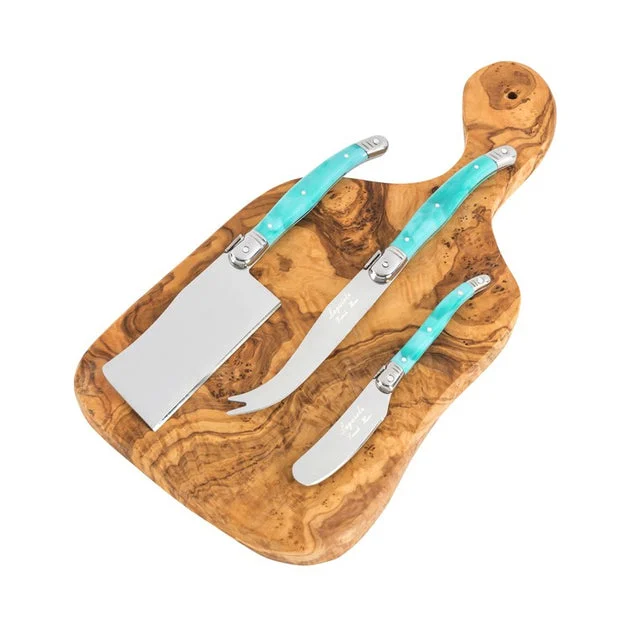 13" Olive Wood Cheese Board and Three Laguiole Cheese Knives with Faux Turquoise Handles