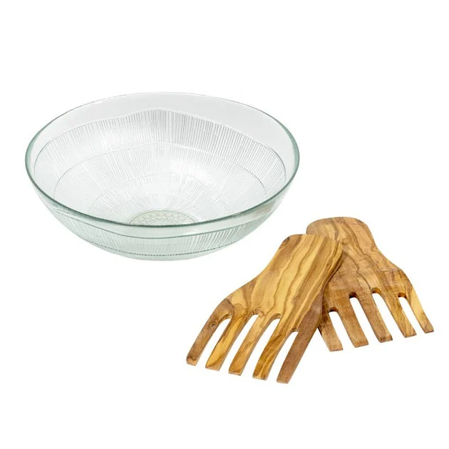 Birch Recycled Clear Glass Birch Salad Bowl and Olive Wood Server Hands
