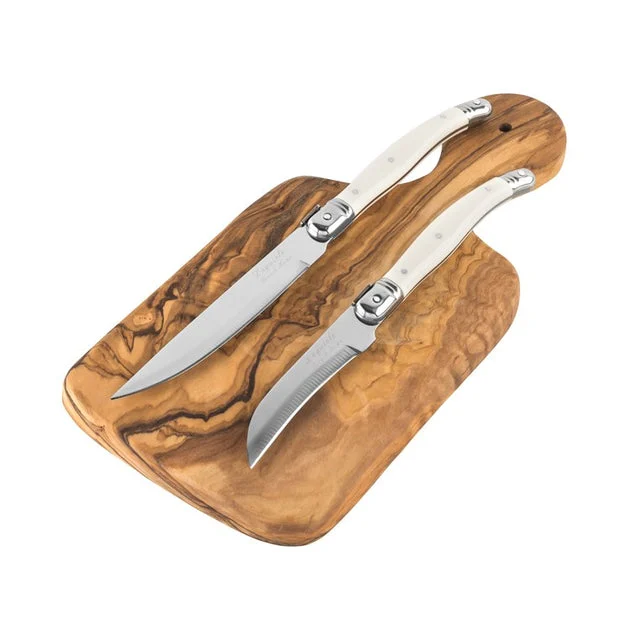 11" Olive Wood Cutting Board and Two Laguiole Citrus Knives