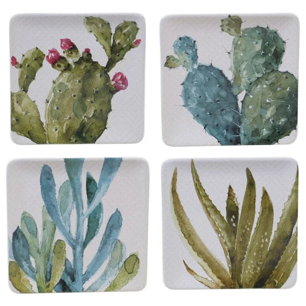 Cactus Verde 8.5" Square Dessert Plates Set of 4 Assorted