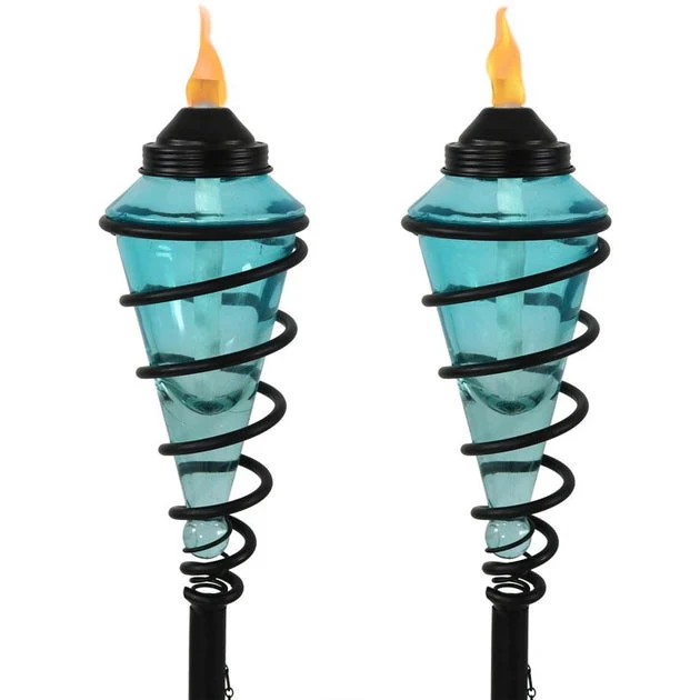 Adjustable Height Metal Swirl with Glass Outdoor Lawn Torches Set of 2 - Blue