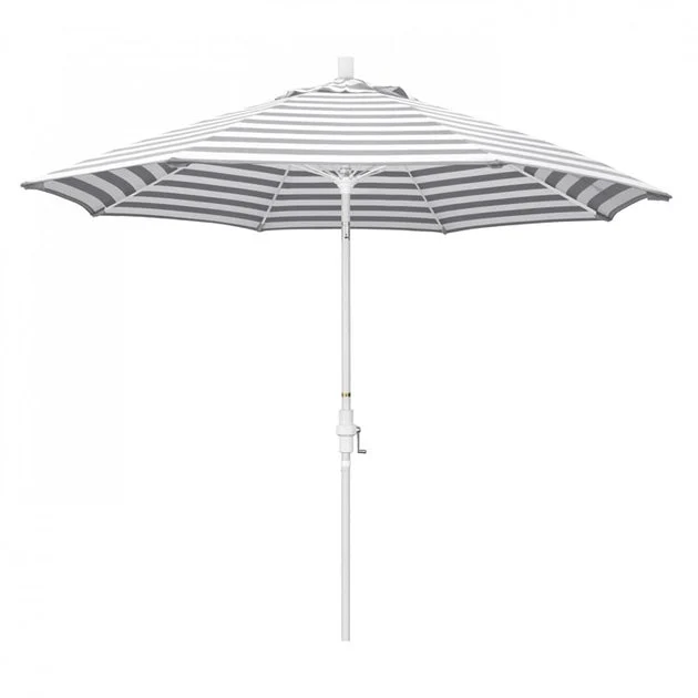 Sun Master Series 9' Patio Umbrella with Matted White Aluminum Pole Fiberglass Ribs Collar Tilt Crank Lift and Olefin Gray White Cabana Stripe Fabric