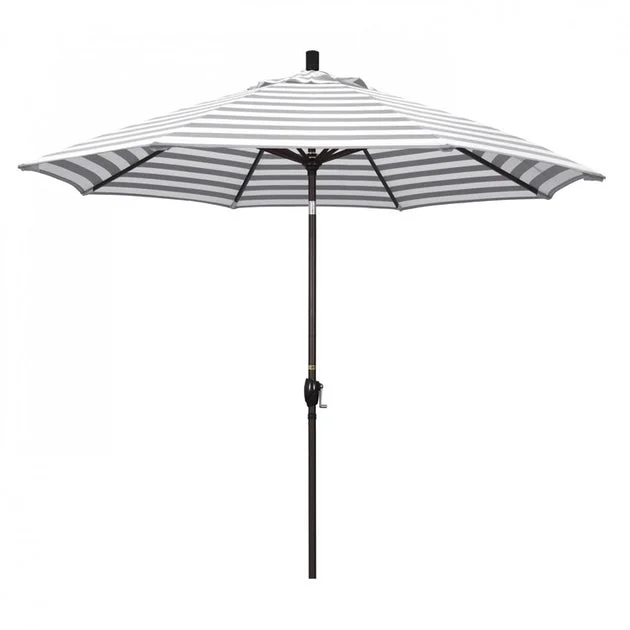 Pacific Trail Series 9' Patio Umbrella with Bronze Aluminum Pole and Ribs Push Button Tilt Crank Lift and Olefin Gray White Cabana Stripe Fabric