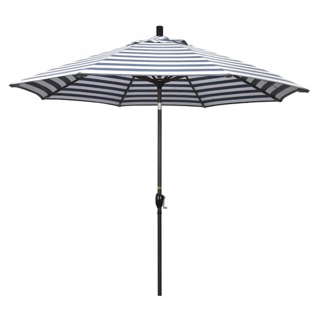 Pacific Trail Series 9' Patio Umbrella with Bronze Aluminum Pole and Ribs Push Button Tilt Crank Lift and Olefin Navy White Cabana Stripe Fabric