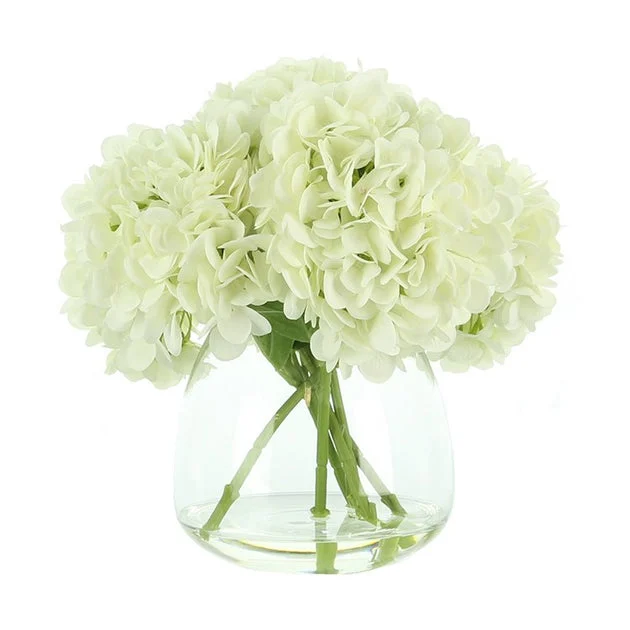 13" Artificial White Hydrangea Bouquet in Glass Vase with Acrylic Water
