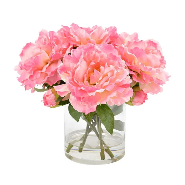 13" Artificial Pink Peonies Arranged in Glass Vase with Acrylic Water